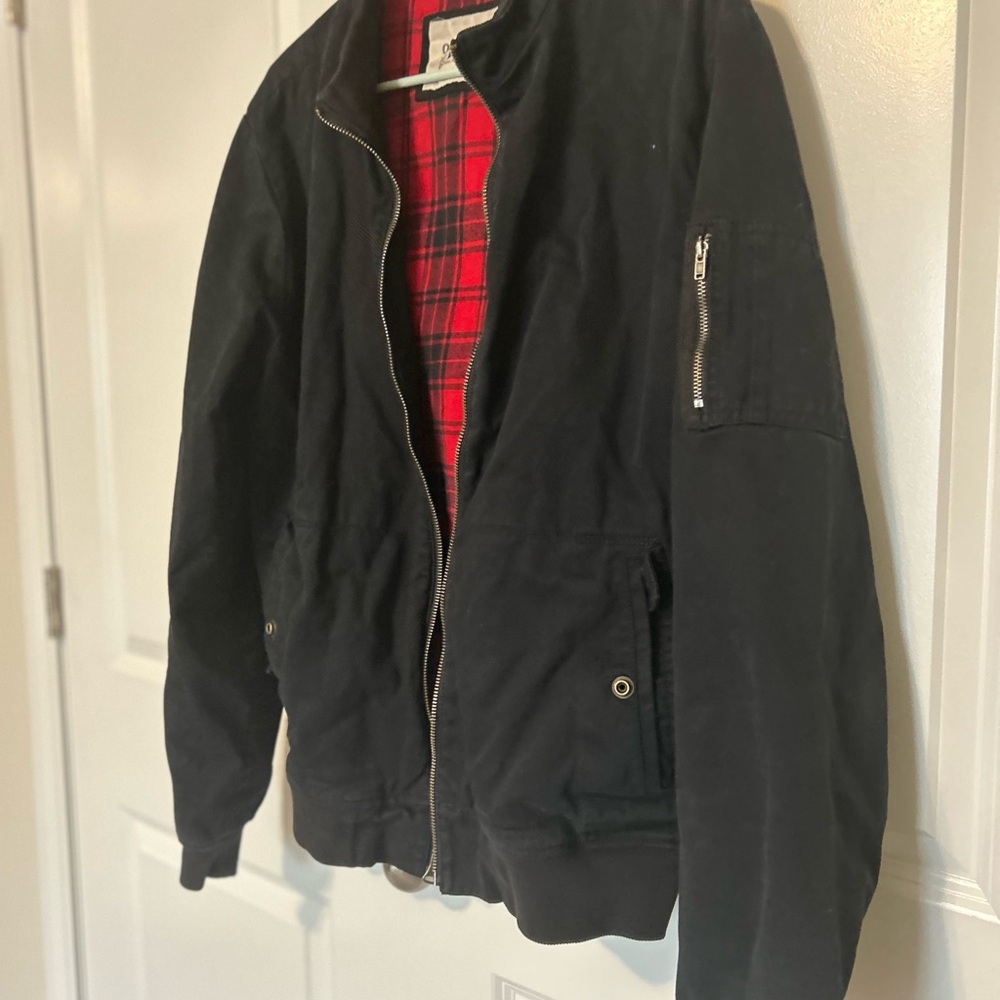 Old Navy Black Bomber Jacket with Red Plaid Lining
